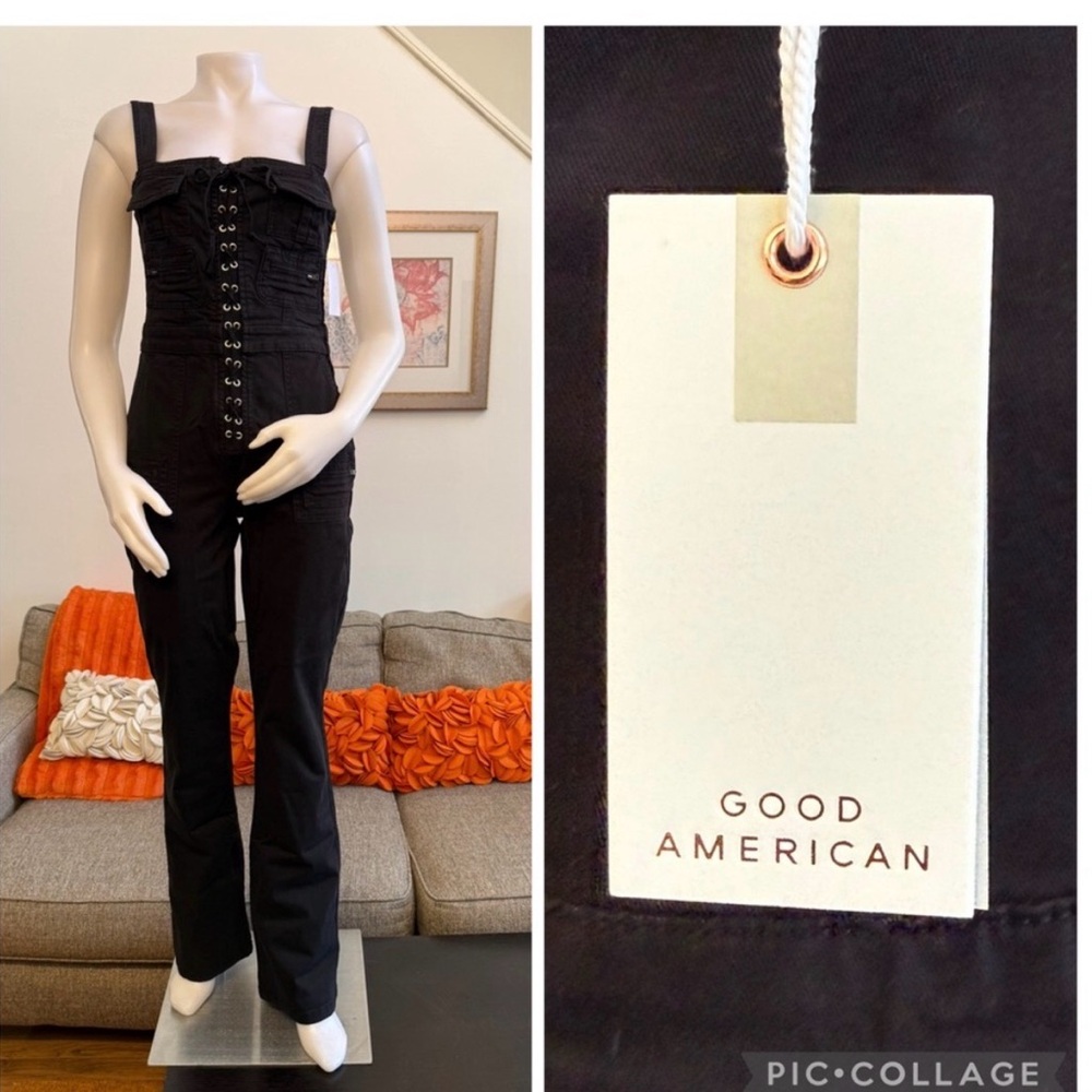 NWT Good American Black Lace-Up Utility Twill Jumpsuit
